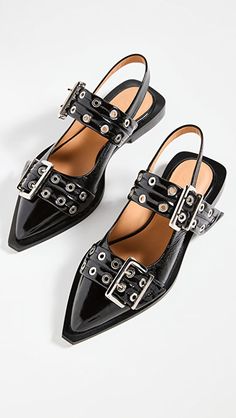 GANNI Wide Welt Buckle Ballerina Flats | SHOPBOP Ganni Buckle Flats, Trendy Black Shoes, Ganni Shoes, Sneakers Accessories, White Ballerina Flats, Elegant Footwear, Floaty Summer Dresses, Flats Outfit, Buckled Flats