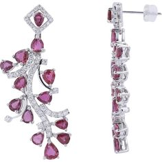 Radiant 18K White Gold Ruby Earrings with Diamond Accents Luxury Ruby Gemstone Earrings, Luxury Ruby Earrings For Evening, Luxury Ruby Earrings With Prong Setting, Ruby Gemstone Diamond Earrings For Formal Occasions, Formal Ruby Gemstone Diamond Earrings, Luxury Diamond Earrings With Prong Setting, White Gold Ruby Earrings With Prong Setting, Fine Ruby Earrings For Parties, Ruby Fine Jewelry Earrings For Party