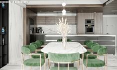 a dining room table with green chairs and a white marble top surrounded by black cabinets