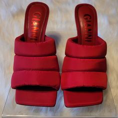 Brand New, Excellent Condition Approx. Heel Height- 4 Inches Spring Heels With Padded Ankle In Synthetic, Spring Open Toe Nylon Sandals, Spring Nylon Open Toe Sandals, Red Fabric Open Toe Heels, Red Fabric Heels With Round Toe, Casual Red Fabric Heels, Red Fabric Party Heels, Red Fabric Heels For Spring, Square Toe Sandals