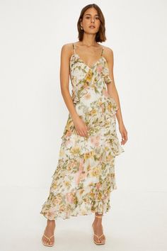 Discover a dress for all occasions and reach for it on repeat. With delicate lace trims, feminine prints and flattering silhouettes, find your perfect style to take you from day to night. From versatile midis to maxi and mini lengths, your perfect dress is only a click away. Style: Soft Floral Asymmetric Ruffle Strappy Midi Dress. Ideal for: Occasion. Design: Ruffle. Model wears size UK 10 and is 5' 9" tall. Uk Wedding Guest Outfit, Wedding Guest Dress Uk, Country Club Wedding Guest Outfit, Floral Bridesmaids Dress, Floral Wedding Guest Dress, Formal Dress Floral, Welcome Cocktail, Floral Bridesmaids, Midi Wedding Guest Dress