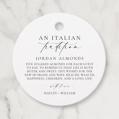 an italian for after wedding gift tag on a marble background with the words, jordan almonds