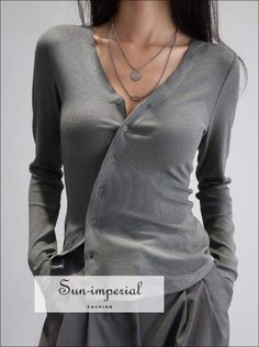 Women Blue Deep V Neck Long Sleeved T-shirt with Asymmetric Buttons detail Cheap V-neck Tops With Contrast Color, Cheap V-neck Blouse With Buttons, Cheap V-neck T-shirt With Buttons, Cheap V-neck Blouse Piece, Cheap V-neck Blouse For Winter, Cheap Versatile V-neck Top, Affordable V-neck Daywear Shirt, Cheap Stretch Women's V-neck Top, Affordable Vintage V-neck Tops