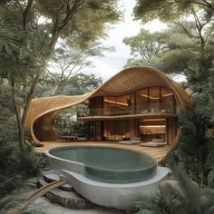 an artistic rendering of a house in the woods with a swimming pool and hot tub