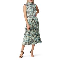 Green floral printed satin (100% Polyester). Hourglass. Sleeveless. High neckline. Hidden back zipper closure with button keyhole. Partially lined. 46" from shoulder to hemline. Imported. Chic Sleeveless Dress With Floral Print For Evening, Sleeveless Silk Midi Dress With Floral Print, Elegant Silk Sleeveless Dress With Floral Print, Elegant Printed Sleeveless Midi Dress, Elegant Sleeveless Printed Midi Dress, Sleeveless Printed Midi Dress For Evening, Evening Floral Print Sleeveless Dress, Sleeveless Silk Printed Dress, Sleeveless Silk Midi Dress With Print