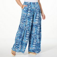 G by Giuliana Printed Challis Pull-On Pleated Palazzo Pant  Prints Charming! Update your everyday basics with this bold ikat/tribal print. With an effortless pull-on style, flattering pleat detail, pockets, and wide palazzo legs, this fashionable (and functional) pant is a must-have for your forever wardrobe. Blue Printed Wide Leg Bottoms, Blue Printed Bottoms With Relaxed Fit, Versatile Blue Bottoms For Vacation, Casual Printed Blue Bottoms, Casual Blue Printed Bottoms, Giuliana Rancic, Knife Pleat, Palazzo Pant, Everyday Basics