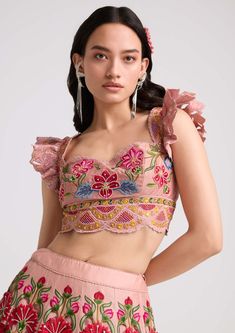 Soft Pink Multicolor Floral Bustier by Chandrima available on Indiaspopup.com Pink Embellished Fitted Crop Top, Fitted Pink Floral Embroidered Set, Fitted Pink Sets With Floral Embroidery, Pink Floral Print Organza Sets, Pink Organza Choli With Floral Embroidery, Pink Fitted Lehenga With Floral Embroidery, Fitted Pink Lehenga With Floral Embroidery, Feminine Pink Embroidered Summer Top, Feminine Pink Embroidered Top For Summer