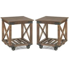 two wooden tables sitting side by side on wheels