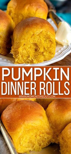 pumpkin dinner rolls on a plate with butter in the middle and text overlay that reads, pumpkin dinner rolls