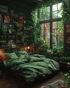 an image of a bedroom setting with plants on the wall and bed in the foreground