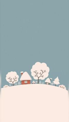 a red house sitting on top of a snow covered hill with trees and houses in the background