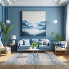 a living room with blue walls and furniture