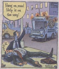 a cartoon depicting a man laying on the ground next to a bus and another car