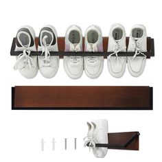 the shoe rack has five pairs of shoes hanging from it's sides and two pegs on each side