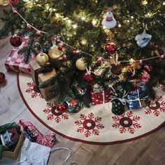 a christmas tree with presents under it