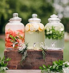 three glass jars filled with different types of drinks on top of a wooden table next to greenery