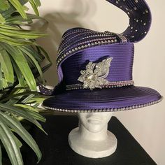 Donna Vinci Couture Purple Embellished Hat New With Tag One Size Fits Most Has An Adjustable Band For Sizing 100% Polyester See Pics For Details Elegant Evening Hats With Rhinestones, Formal Rhinestone Hats For Kentucky Derby, Elegant Embellished Hat With Curved Brim, Elegant Embellished Hats With Curved Brim, Rhinestone Fitted Hat For Kentucky Derby, Designer Curved Brim Hats For Parties, Fitted Rhinestone Hat For Kentucky Derby, Kentucky Derby Party Hat Embellished, Kentucky Derby Party Embellished Hat