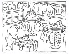 a black and white drawing of a child's room with clothes hanging on the rack