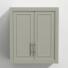 a white wall mounted cabinet with two doors