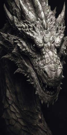 a black and white photo of a dragon's head