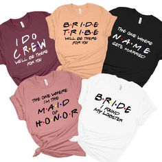 four t - shirts with the words bride and groom written on them in different colors