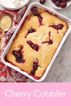 cherry cobbler recipe with text overlay