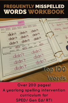 a book with words written on it and the title, frequently misspeled words workbook