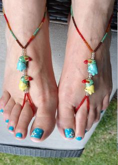 Tropical, Bright and Colorful Barefoot Sandals with Parrots,  Ankle Bracelet, Anklet for Women, Toe Thong, Beach Ready Toe Ring Barefoot Sandals For Beach Vacation, Toe Ring Barefoot Sandals For Beach Season, Adjustable Summer Barefoot Sandals For Beach Season, Fun Adjustable Sandals For Beach Season, Adjustable Barefoot Sandals For Beach Season, Adjustable Toe Ring Barefoot Sandals For Beach Season, Adjustable Multicolor Anklets For Vacation, Adjustable Sandals For Beach Party, Adjustable Ankle Strap Barefoot Sandals For Beach Season