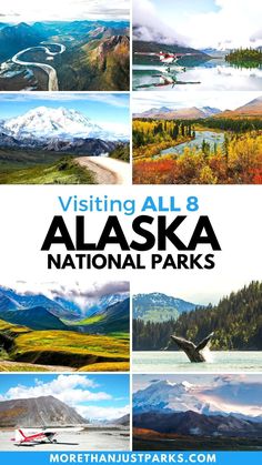 the alaska national parks are featured in this postcard with mountains, lakes and rivers