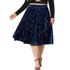 ABOUT US: A plus-size brand inspired by the need of its customers. We hope our clothing can match you on various occasions, with the proper tailoring to show your perfect curve and the comfortable fabrics that enable you a pleasant experience. Gorgeous classic design velvet midi skirt. Comfortable velvet material creates an elegant look for this flowy midi skirt. Features in the flared hem and stretchy velvet fabric for a comfortable fit. Great Quality Velvet, Comfortable Touch Feeling, and Exqu Space Skirt, Billie Concert, Velvet Bottoms, Velvet Midi Skirt, Plus Size Halloween Costume, Tassel Skirt, Plus Size Brands, Plus Size Halloween, Velvet Skirt