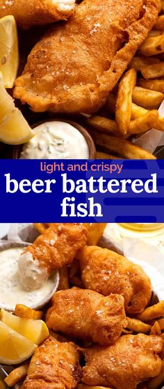 beer battered fish is served with fries and lemon wedges