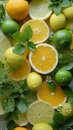 lemons, limes and oranges with leaves on them