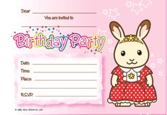 a pink birthday party card with a cartoon bunny on it's front and back