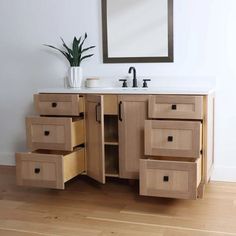 a bathroom vanity with two drawers and a mirror above it, next to a potted plant