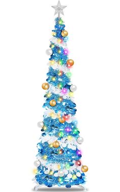 a blue and white christmas tree with ornaments on it's top, against a white background