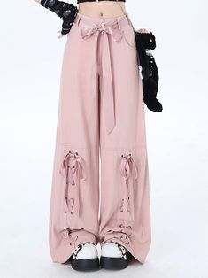 Elevate your wardrobe with these Pink Lace-up Detail Wide Leg Pants. These pants feature a chic lace-up detail, adding a touch of elegance to your everyday look. The wide-leg design ensures a flattering silhouette, while the soft pink hue brings a playful yet sophisticated charm.  The price is for a pair of pants only, others are not included.  Garment Size   	 		 			Size 			S 			M 			L 		 		 			Full Length 			102 			104 			106 		 		 			Waist 			64 			68 			72 		 		 			Hips 			96 			100 			104 Ballet Style, Style Kawaii, Ballet Fashion, Pink M, 여자 패션, Really Cute Outfits, Lolita Dress, Casual Style Outfits, Dream Clothes