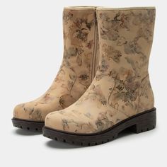 Chalet Desert Flora Boot on a Luxe lug outsole | Tan floral calf boot with a nubuck leather upper. Alegria Shoes, Into Fashion, Sherpa Lined, Classic Leather, Mid Calf, Easy Access, Suede Leather, Leather Upper, The Day