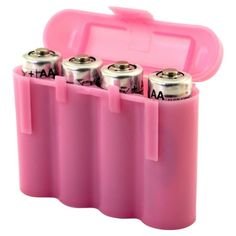 four aa batteries in a pink case on a white background