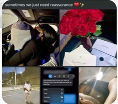 a collage of photos with red roses in the center and someone's hand holding a cell phone