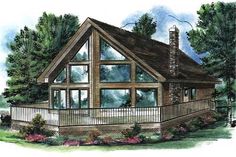 this is an artist's rendering of a cabin style house with porches and windows