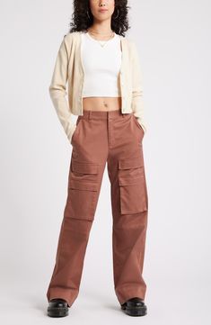 These trend-right pants are crafted from a durable cotton blend with cargo pockets for a utilitarian vibe. 32" inseam; 21" leg opening; 12" front rise; 14 1/2" back rise (size 29) 49% cotton, 48% lyocell, 3% spandex Machine wash, line dry Imported Fall Cargo Jeans With Relaxed Fit, Relaxed Fit Full Length Cargo Jeans For Fall, Fall Relaxed Fit Full Length Cargo Jeans, Fall Full-length Relaxed Fit Cargo Jeans, Fall Cargo Jeans With Straight Fit, Fall Season Straight Leg Cargo Jeans, Relaxed Fit Cargo Style Straight Leg Bottoms, Fall Cargo Pants With Relaxed Fit, Fall Utility High Waist Pants