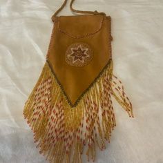 70s Suede Beaded Mini Bag. All Hand Done. Beads Intact. Never Used. Only As Display. Bag Is Approx 5 Wide By 13 Tall Including Fringe. Beaded Bags, Vintage 70s, Boho Style, Mini Bag, Boho Fashion, Bag Lady, Festival, Beads, Leather