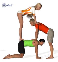 two people are doing yoga poses in front of a white background with an orange and green shirt