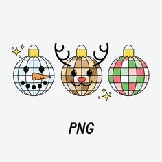 three christmas ornaments with the word png in front of them and an image of a reindeer