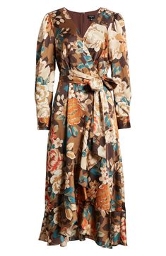 An autumnal floral pattern lends personality to a faux-wrap dress designed with graceful cascading ruffles. 49 1/2" length Hidden back zip with hook-and-eye closure Surplice V-neck Long sleeves Removable tie belt Lined 97% polyester, 3% spandex Dry clean Imported Cascading Ruffles, Wrap Midi Dress, Faux Wrap Dress, Nordstrom Dresses, Tie Belt, Ruffles, Designer Dresses, Floral Pattern, Wrap Dress