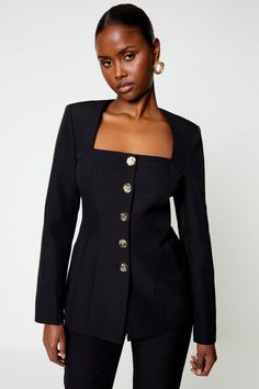 Square Neck Hammered Button Peplum Jacket Casual Work Jacket Women, Bespoke Outfit Women, College Graduation Black Women, Classy Suits For Women, Work Dresses For Women Office Outfits, Tailored Outfits For Women, Square Neck Suit, Comfortable Office Outfits, Peplum Jacket Outfit