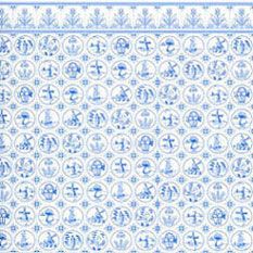 a blue and white tile with an ornate design on the bottom, surrounded by symbols