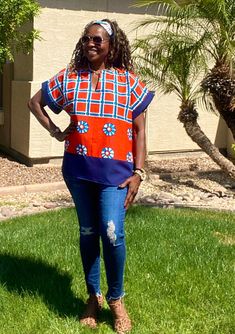 This unique African print top is made from 100% cotton African fabric. Upon purchase, this colorful Ankara blouse will be specially handmade for you.  Ankara blouse with split neckline,  African shirt for women with side slits.   Wear this African top over pants, skirts, shorts, or jeans!  This item will be specially handcrafted for you upon purchase. We appreciate your including your bust, waist, and hip measurements at checkout otherwise, we will use the measurements listed with the size you s African Shirt For Women, African Print Tops Blouses, African Print Top, Ankara Blouse, African Shirt, African Tops, African Print Tops, African Shirts, Blouse For Women