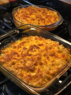 two casseroles sitting on top of an oven next to each other in pans