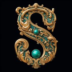 the letter s is made up of gold and turquoise glass beads with filigrees